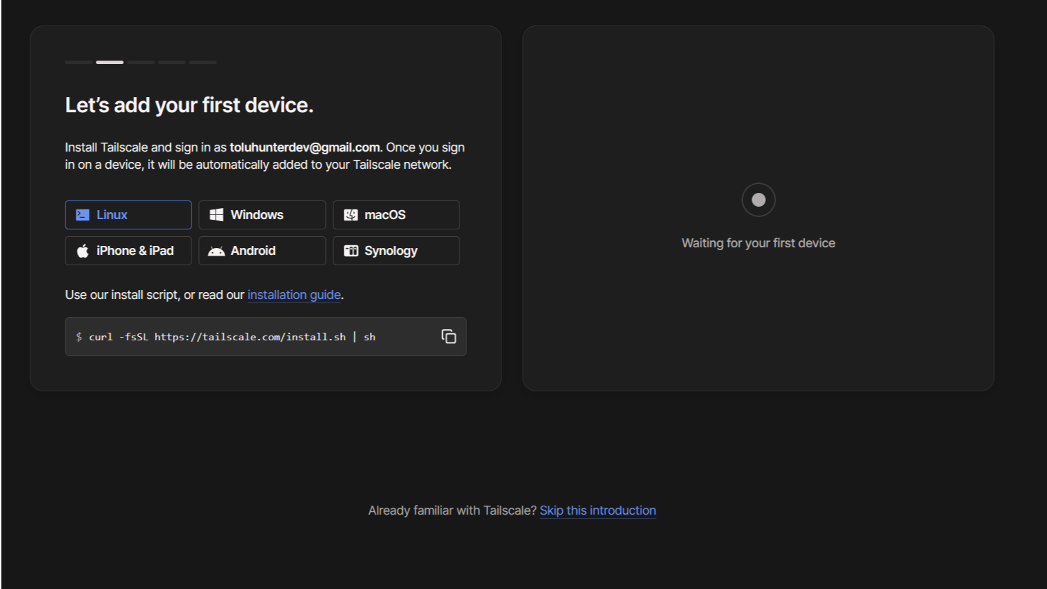 Tailscale Admin Console Waiting for Devices